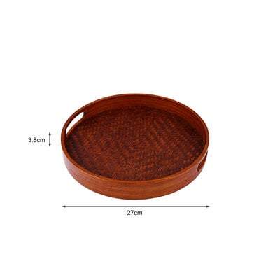 Decopatent - Bamboe Dienblad Rond - Diameter: 27 Cm - Dienblad met handvaten - Schaal - Presenteerblad - Serveerschaal - Woonaccessoires - Gevlochten Donker Bamboe Riet - Afm: 27 x 27 x 3.8 Cm.