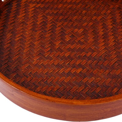 Decopatent - Bamboe Dienblad Rond - Diameter: 27 Cm - Dienblad met handvaten - Schaal - Presenteerblad - Serveerschaal - Woonaccessoires - Gevlochten Donker Bamboe Riet - Afm: 27 x 27 x 3.8 Cm.
