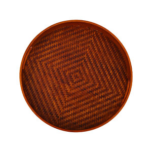 Decopatent - Bamboe Dienblad Rond - Diameter: 33 Cm - Dienblad met handvaten - Schaal - Presenteerblad - Serveerschaal - Woonaccessoires - Gevlochten Donker Bamboe Riet - Afm: 33 x 33 x 4.8 Cm.
