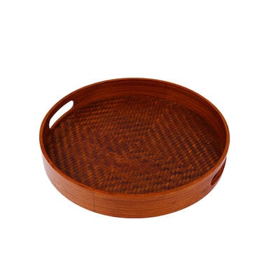 Decopatent - Bamboe Dienblad Rond - Diameter: 33 Cm - Dienblad met handvaten - Schaal - Presenteerblad - Serveerschaal - Woonaccessoires - Gevlochten Donker Bamboe Riet - Afm: 33 x 33 x 4.8 Cm.