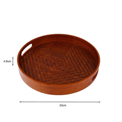 Decopatent - Bamboe Dienblad Rond - Diameter: 33 Cm - Dienblad met handvaten - Schaal - Presenteerblad - Serveerschaal - Woonaccessoires - Gevlochten Donker Bamboe Riet - Afm: 33 x 33 x 4.8 Cm.