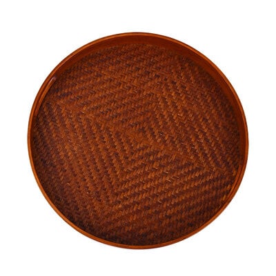 Decopatent - Bamboe Dienblad Rond - Diameter: 38 Cm - Dienblad met handvaten - Schaal - Presenteerblad - Serveerschaal - Woonaccessoires - Gevlochten Donker Bamboe Riet - Afm: 38 x 38 x 5 Cm.