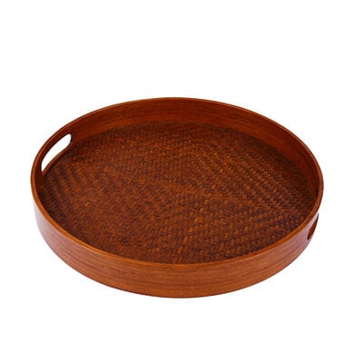 Decopatent - Bamboe Dienblad Rond - Diameter: 38 Cm - Dienblad met handvaten - Schaal - Presenteerblad - Serveerschaal - Woonaccessoires - Gevlochten Donker Bamboe Riet - Afm: 38 x 38 x 5 Cm.