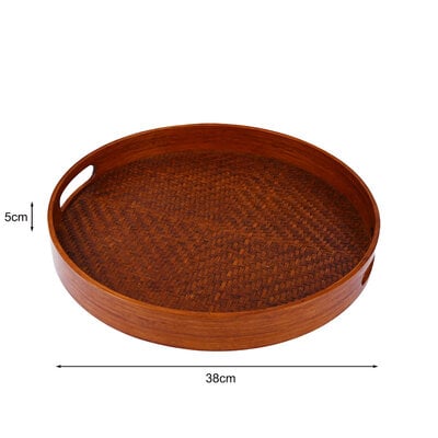 Decopatent - Bamboe Dienblad Rond - Diameter: 38 Cm - Dienblad met handvaten - Schaal - Presenteerblad - Serveerschaal - Woonaccessoires - Gevlochten Donker Bamboe Riet - Afm: 38 x 38 x 5 Cm.