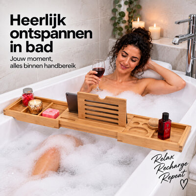 Decopatent - Badplank voor in Bad - Uitschuifbaar Badrek 75-110 cm - Bamboe Badrekje voor Bad - Met Boekenhouder, Tablethouder & Wijnglashouder - Badplank Bamboe Hout