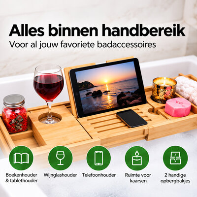 Decopatent - Badplank voor in Bad - Uitschuifbaar Badrek 75-110 cm - Bamboe Badrekje voor Bad - Met Boekenhouder, Tablethouder & Wijnglashouder - Badplank Bamboe Hout
