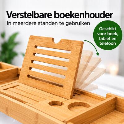 Decopatent - Badplank voor in Bad - Uitschuifbaar Badrek 75-110 cm - Bamboe Badrekje voor Bad - Met Boekenhouder, Tablethouder & Wijnglashouder - Badplank Bamboe Hout
