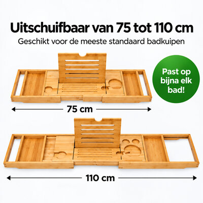 Decopatent - Badplank voor in Bad - Uitschuifbaar Badrek 75-110 cm - Bamboe Badrekje voor Bad - Met Boekenhouder, Tablethouder & Wijnglashouder - Badplank Bamboe Hout