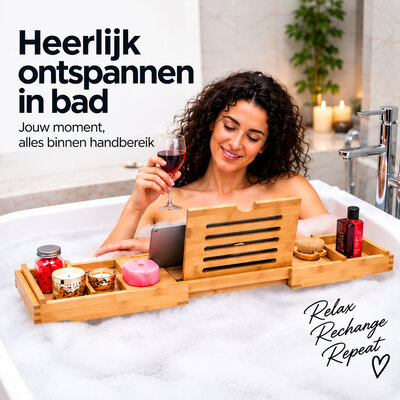 Decopatent - Badplank voor in Bad - Uitschuifbaar Badrek 75-110 cm - Bamboe Badrekje voor Bad - Met Boekenhouder, Tablethouder & Wijnglashouder - Badplank Bamboe Hout