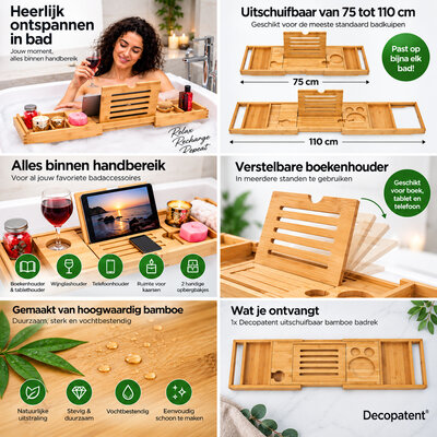 Decopatent - Badplank voor in Bad - Uitschuifbaar Badrek 75-110 cm - Bamboe Badrekje voor Bad - Met Boekenhouder, Tablethouder & Wijnglashouder - Badplank Bamboe Hout