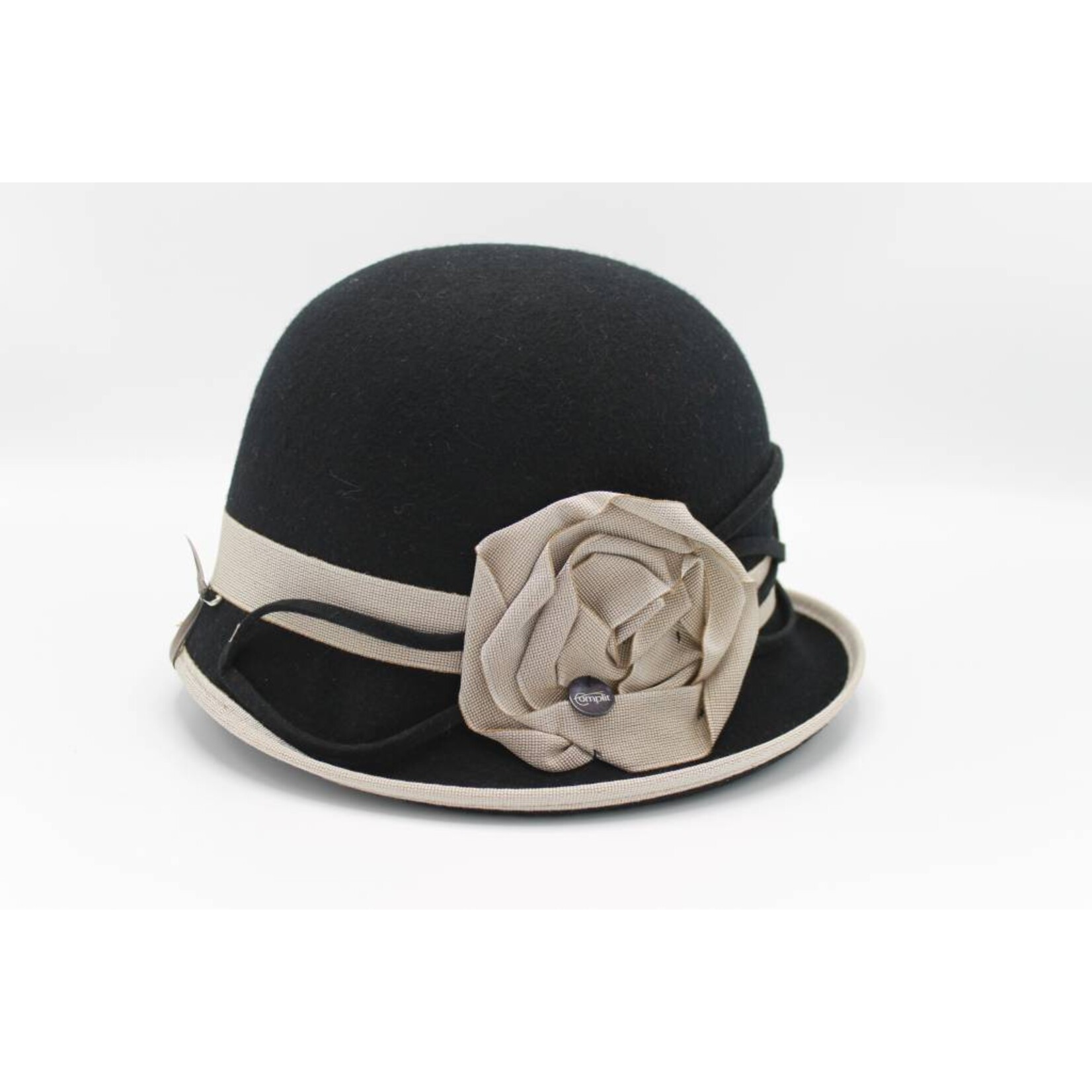 Complit Black bowler hat with Beige Flower - Complit