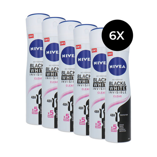 Nivea Black & White Invisible Clear Deodorant Spray - 6 x 150 ml