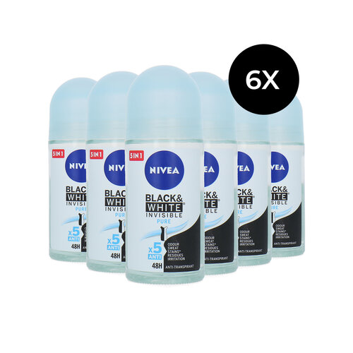 Nivea Invisible For Black & White Pure Deo Roller - 6 x 50 ml