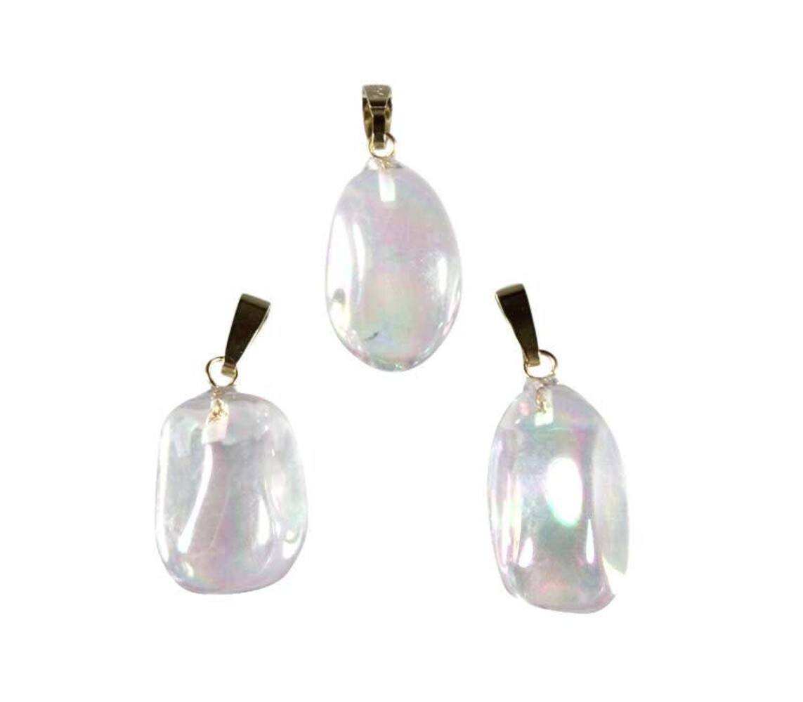 Angel aura kwarts hanger getrommeld met 14k gouden oogje