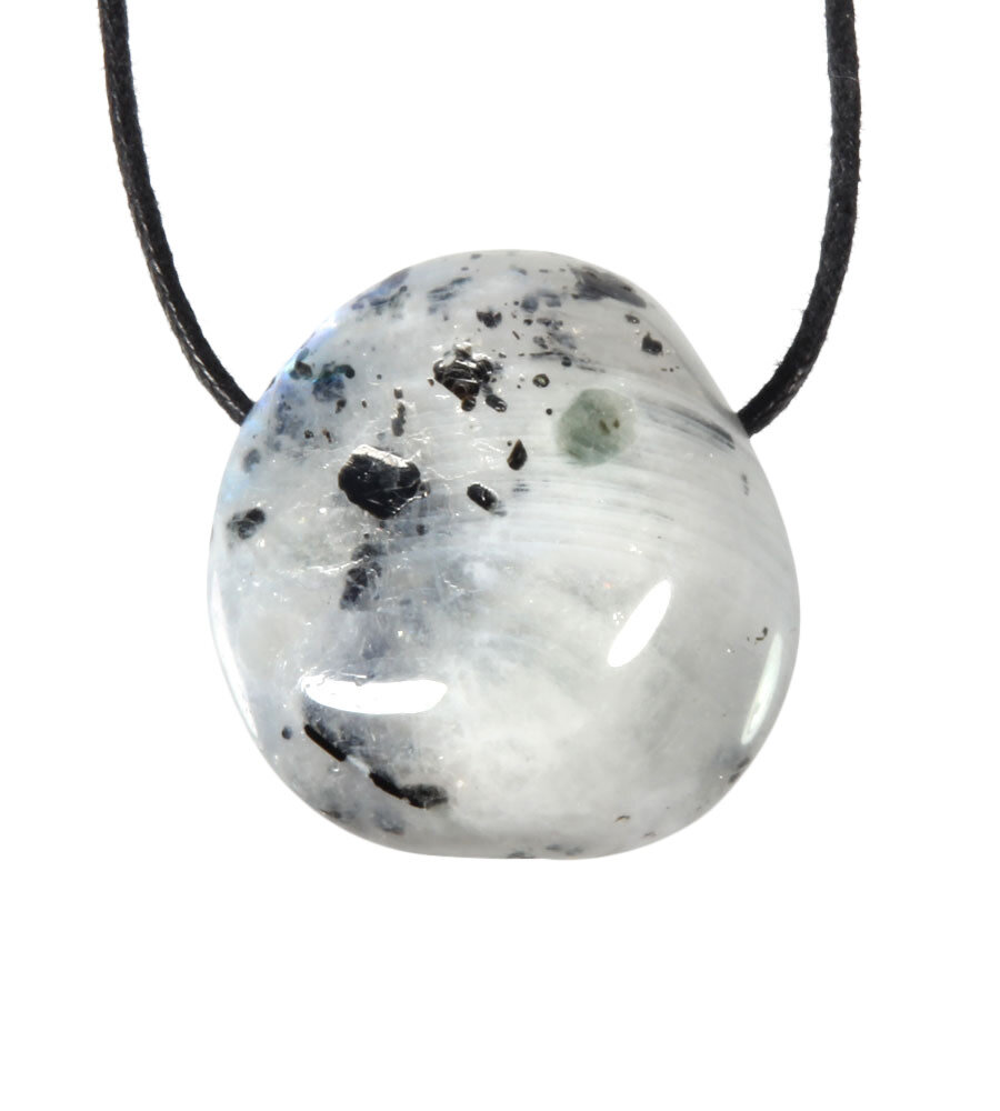 Maansteen (regenboog) met zwarte toermalijn hanger doorboord Maansteen (regenboog) met zwarte toermalijn hanger doorboord