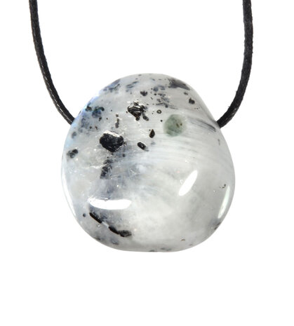 Maansteen (regenboog) met zwarte toermalijn hanger doorboord Maansteen (regenboog) met zwarte toermalijn hanger doorboord