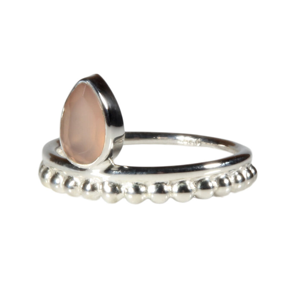 Zilveren ring rozenkwarts maat 18 | druppel facet bolletjes