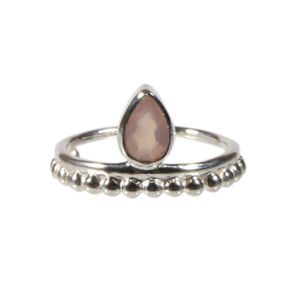 Zilveren ring rozenkwarts maat 18 | druppel facet bolletjes