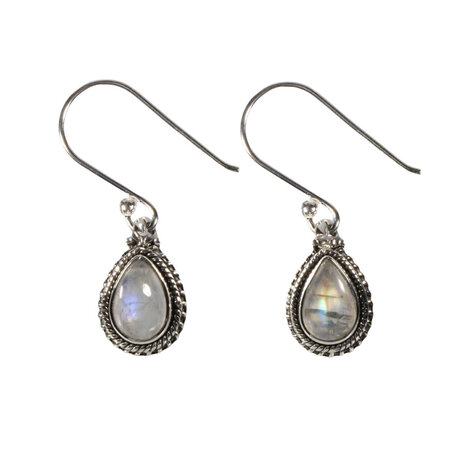 Zilveren oorbellen maansteen (regenboog) druppel ribbelrand