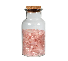 Glazen flesje met rozenkwarts split (300 gram) Glazen flesje met rozenkwarts split (300 gram)
