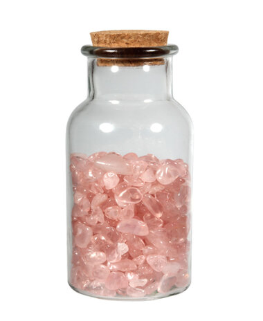 Glazen flesje met rozenkwarts split (300 gram) Glazen flesje met rozenkwarts split (300 gram)
