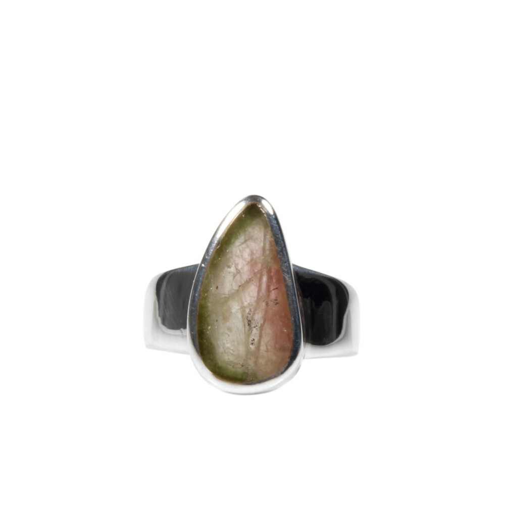 Zilveren ring toermalijn (watermeloen) maat 18 | druppel 1,6 x 0,9 cm