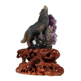 Agaat wolf met amethist cluster 14 x 11,5 x 5,5 cm / 683 gram | op houten standaard