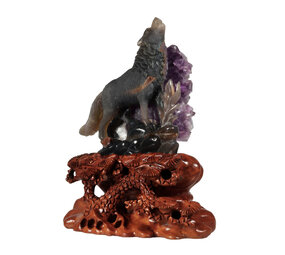 Agaat wolf met amethist cluster 14 x 11,5 x 5,5 cm / 683 gram | op houten standaard