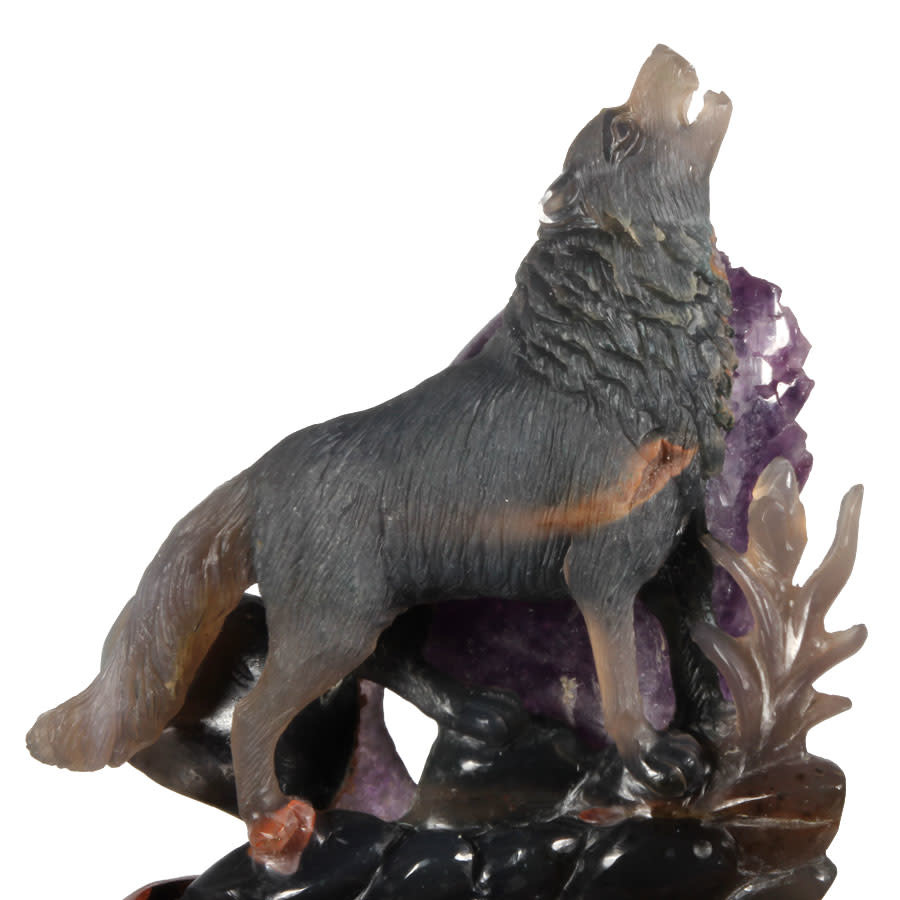 Agaat wolf met amethist cluster 14 x 11,5 x 5,5 cm / 683 gram | op houten standaard