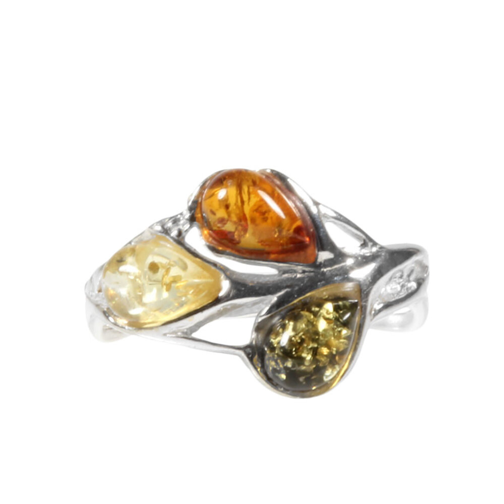 Zilveren ring barnsteen maat 18 1/2 | druppels 3 kleuren