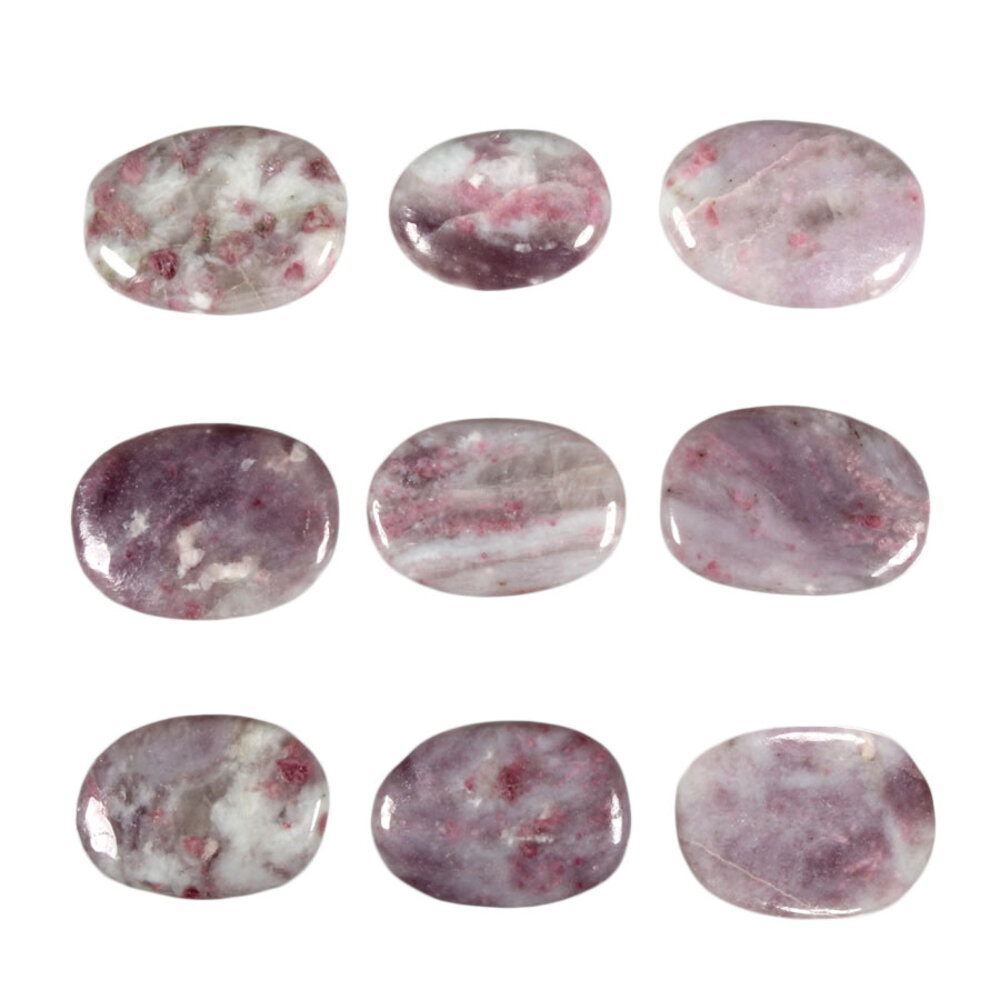 Toermalijn (roze) met lepidoliet (unicorn stone) plat gepolijst Toermalijn (roze) met lepidoliet (unicorn stone) plat gepolijst