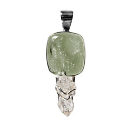 Zilveren hanger moldaviet en Herkimer diamant kristal | vierkant half gepolijst