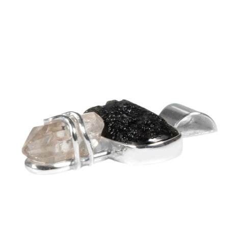 Zilveren hanger moldaviet en Herkimer diamant kristal | ruw 1,8 x 1,1 cm