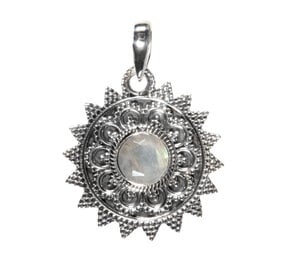 Zilveren hanger maansteen (regenboog) | rond facet zon