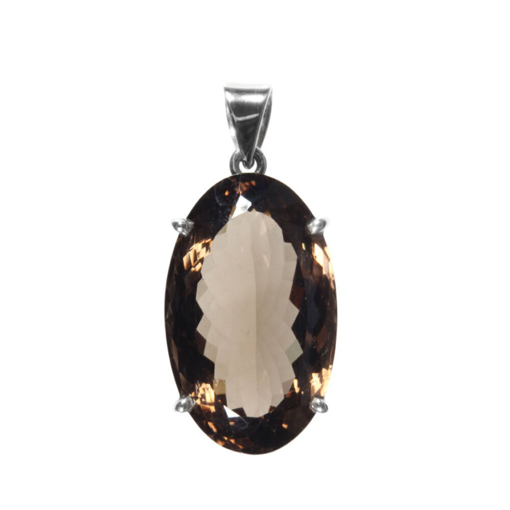Zilveren hanger rookkwarts | ovaal facet gezet 3,2 x 1,9 cm