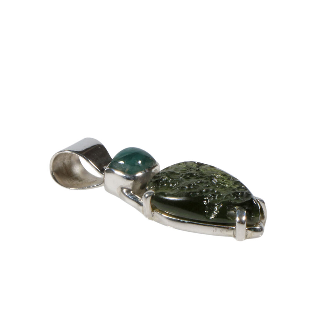 Zilveren hanger moldaviet en toermalijn (blauw) | ruw 2 x 1,4 cm