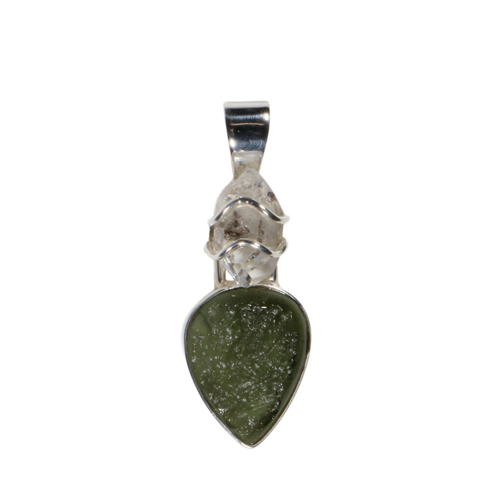 Zilveren hanger moldaviet en Herkimer diamant kristal | ruw 1,9 x 1,4 cm Zilveren hanger moldaviet en Herkimer diamant kristal | ruw 1,9 x 1,4 cm