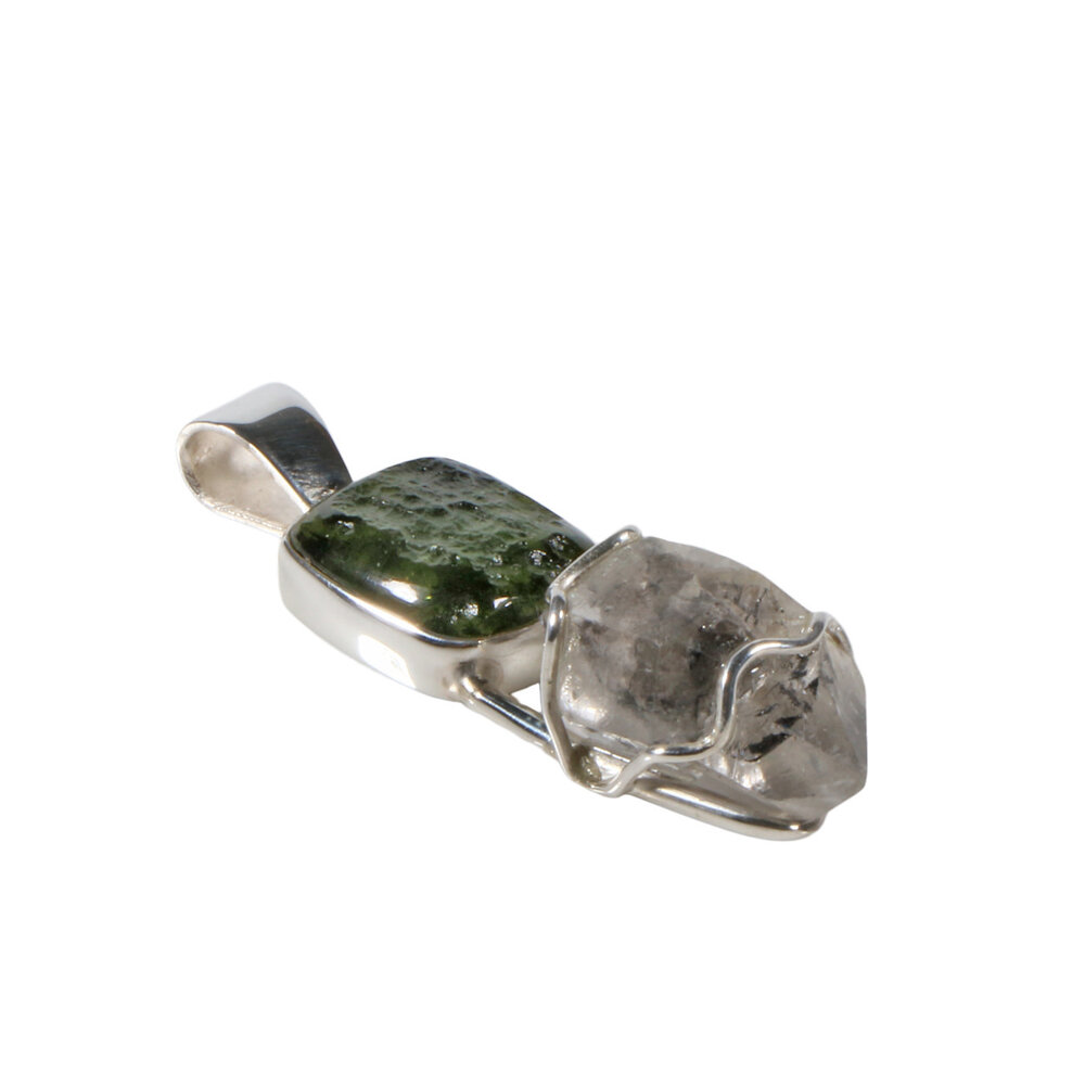 Zilveren hanger moldaviet en Herkimer diamant kristal | rechthoek half gepolijst