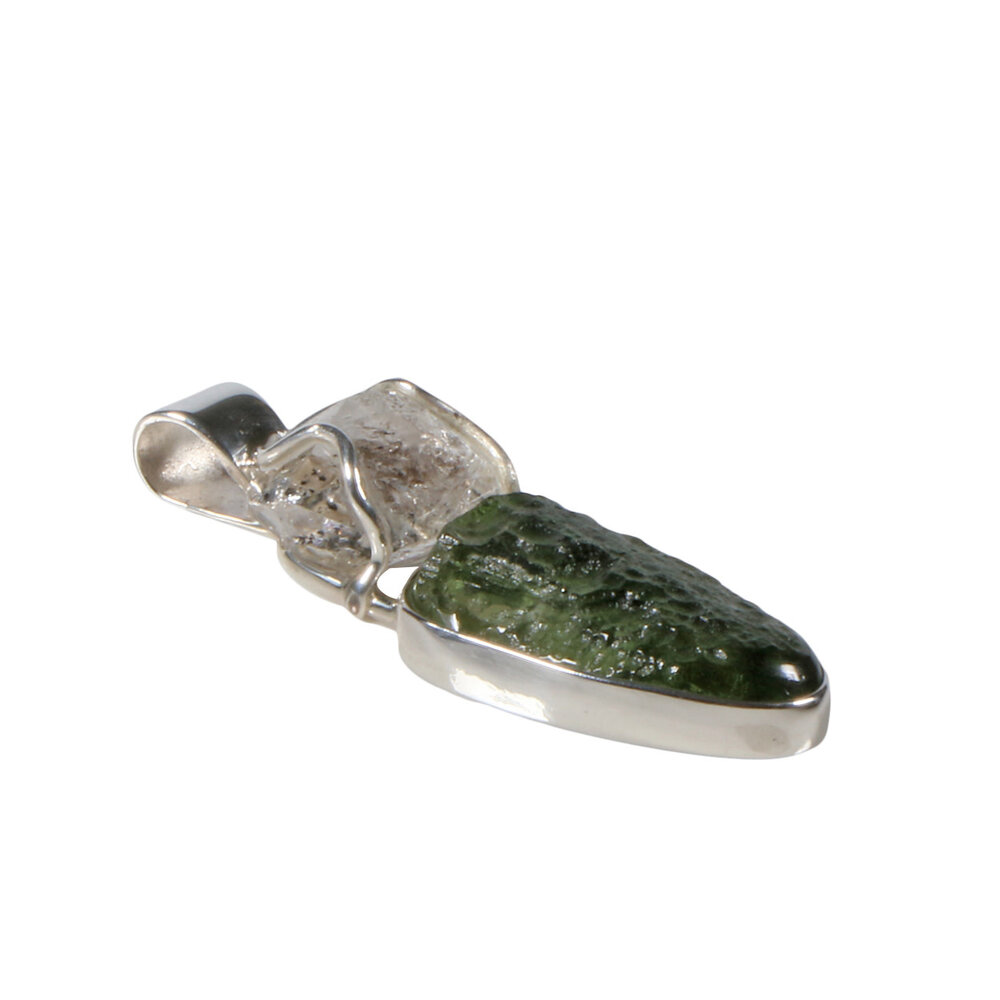 Zilveren hanger moldaviet en Herkimer diamant kristal | ruw 2 x 1,3 cm Zilveren hanger moldaviet en Herkimer diamant kristal | ruw 2 x 1,3 cm