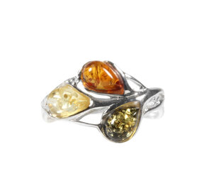 Zilveren ring barnsteen maat 19 1/2 | druppels 3 kleuren