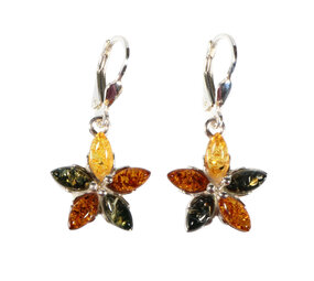 Zilveren oorbellen barnsteen | bloem 3 kleuren Zilveren oorbellen barnsteen | bloem 3 kleuren