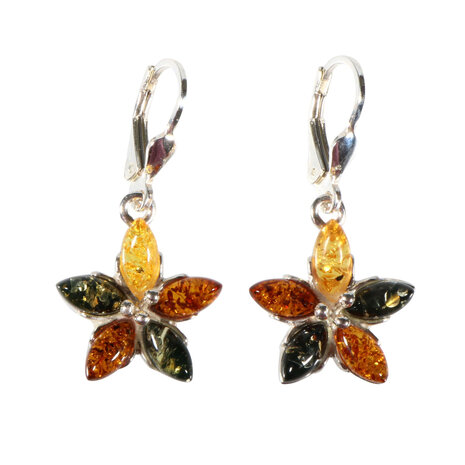 Zilveren oorbellen barnsteen | bloem 3 kleuren Zilveren oorbellen barnsteen | bloem 3 kleuren