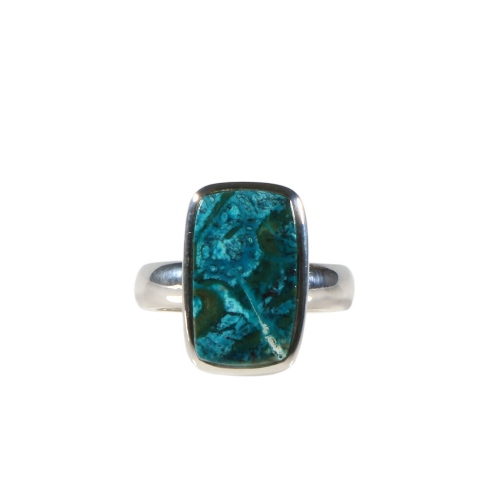 Zilveren ring chrysocolla maat 18 1/2 (verstelbaar)| rechthoek 1,7 x 1,1 cm