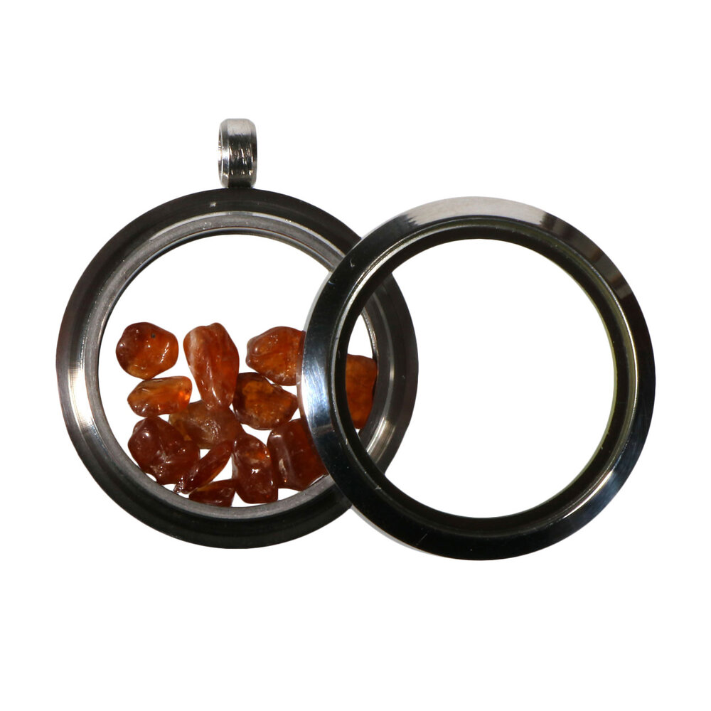 Locket hanger van rvs met hessoniet (granaat)