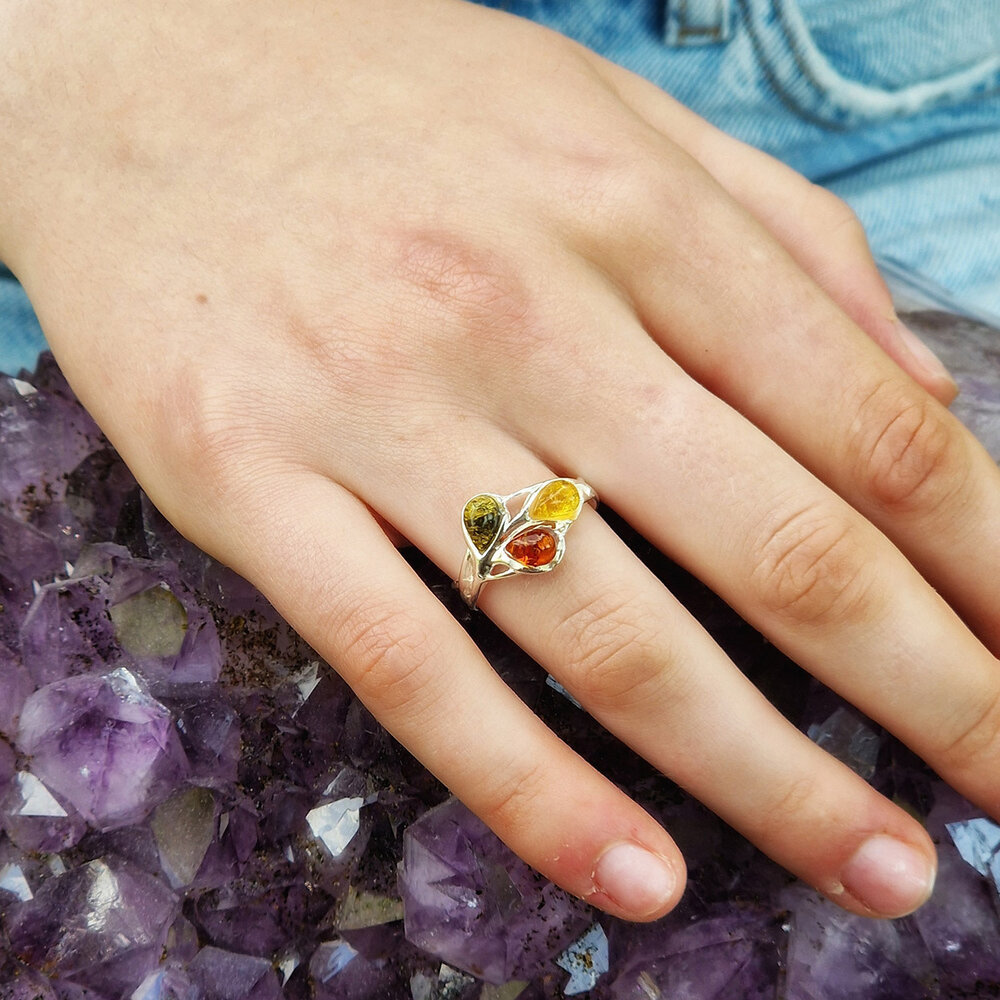 Zilveren ring barnsteen maat 18 1/2 | druppels 3 kleuren