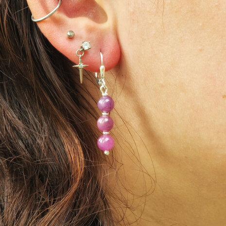 Zilveren oorbellen robijn | 3 bolletjes