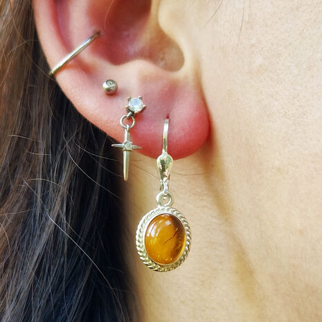 Zilveren oorbellen barnsteen | ovaal ribbelrand