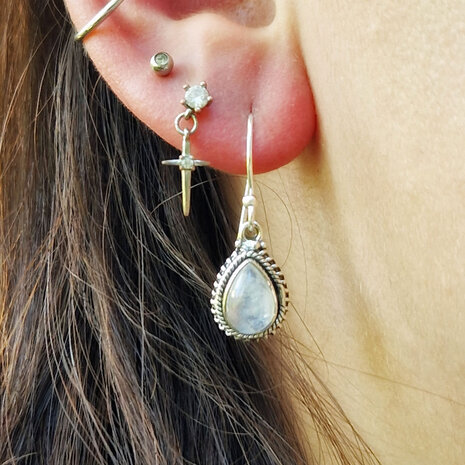 Zilveren oorbellen maansteen (regenboog) druppel ribbelrand