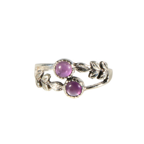 Zilveren ring amethist maat 18 | blaadjes 2 stenen