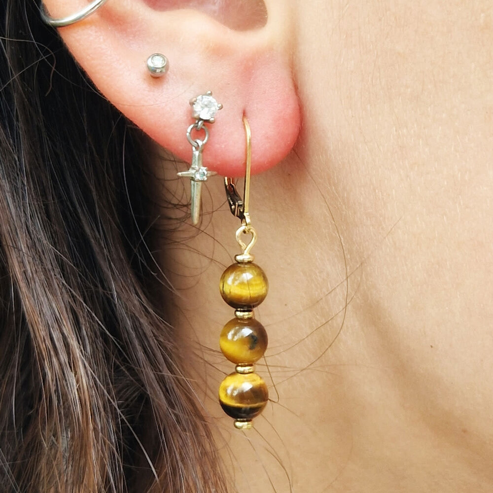 Gold filled oorbellen tijgeroog | 3 bolletjes